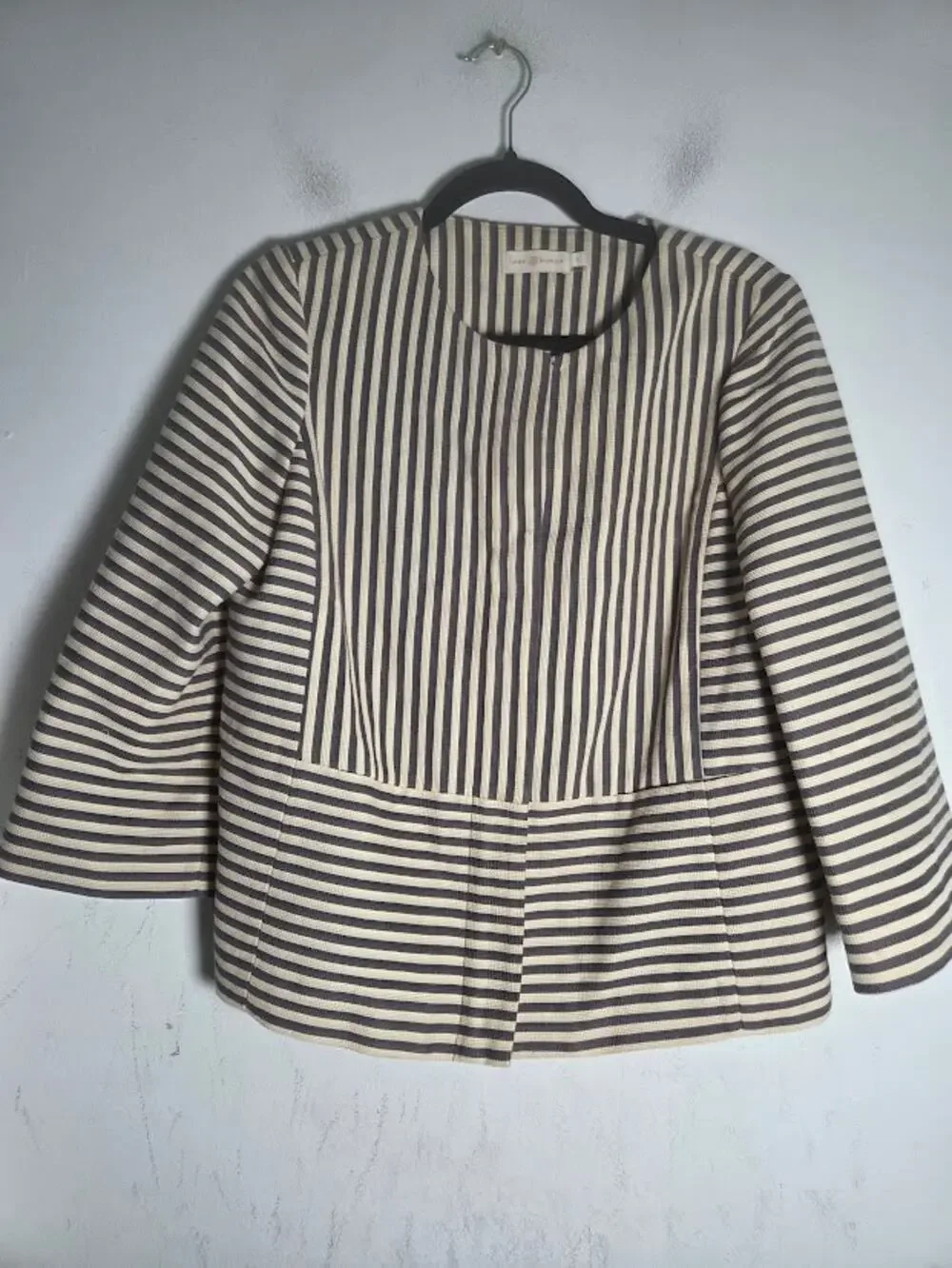 Tory Burch Rene Grey & Cream Stripped Cotton/Silk Zipper Jacket Blazer size 8